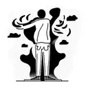 A frustrated person standing amidst swirling dark clouds, hands raised in despair. Flames and debris symbolize chaos. tattoo design idea