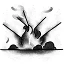 A frustrated person standing amidst swirling dark clouds, hands raised in despair. Flames and debris symbolize chaos. tattoo design idea