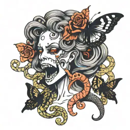 medusa skull screaming with butterfly coming out of her mouth and snake coming out of her mouth   tattoo design idea