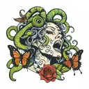 medusa screaming with butterfly coming out of her mouth and snake coming out of her mouth   tattoo design idea