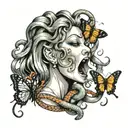 medusa screaming with butterfly coming out of her mouth and snake coming out of her mouth   tattoo design idea
