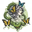 medusa screaming with butterfly coming out of her mouth and snake coming out of her mouth   tattoo design idea