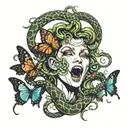 medusa screaming with butterfly coming out of her mouth and snake coming out of her mouth   tattoo design idea