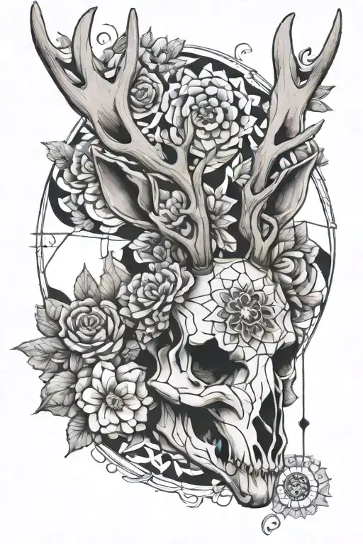 jackalope skull with flowers and mandalas e formas geometricas tattoo design idea