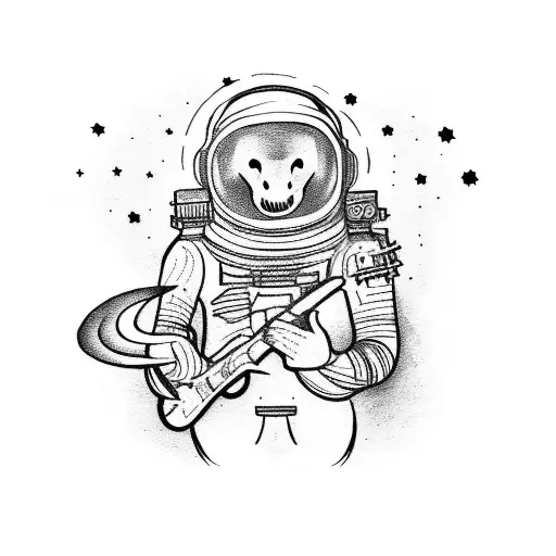 A tattoo of a ghostly figure playing a guitar in outer space, surrounded by celestial objects and cosmic energy tattoo design idea
