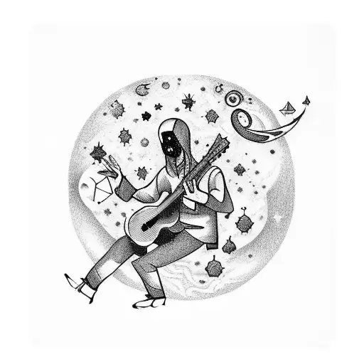 A tattoo of a ghostly figure playing a guitar in outer space, surrounded by celestial objects and cosmic energy tattoo design idea