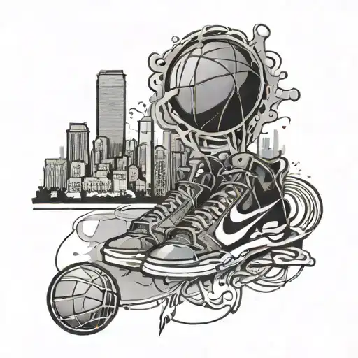 A basketball court with the Boston skyline in the background and musical instruments scattered around tattoo design idea