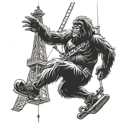 sasquatch climbing the space needle swinging an anchor at a helicopter   tattoo design idea