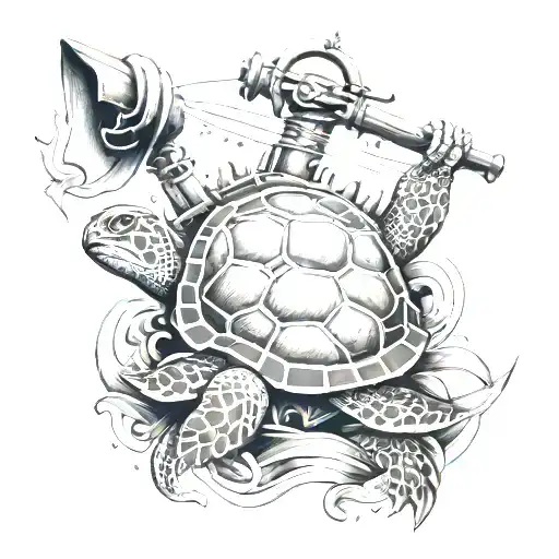 sea turtle with fouled anchor and crossed cannons in background   tattoo design idea