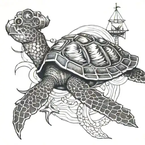 sea turtle in front of fouled anchor and cannons  tattoo design idea
