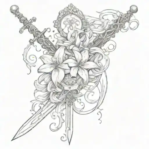shawl with lace and lilies and swords with crosses on the hilt with lace curls  tattoo design idea