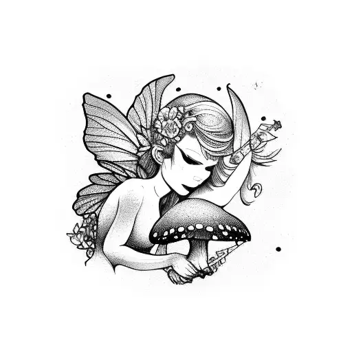 Enchanting mushroom fairy playing a musical instrument tattoo design idea