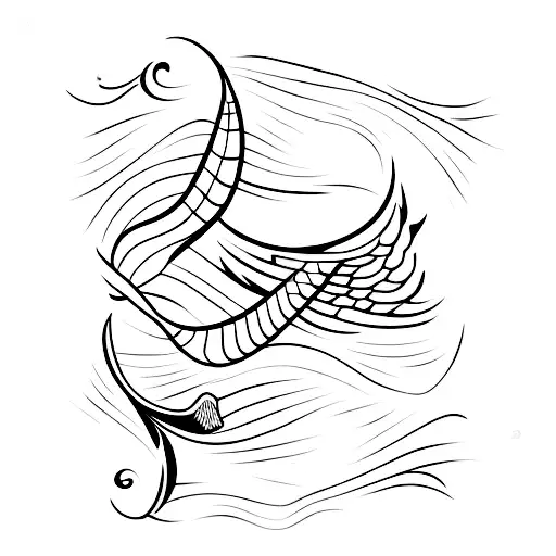 A minimalist tattoo of a fish and a feather combined, representing the client's interests in fishing and literature. tattoo design idea