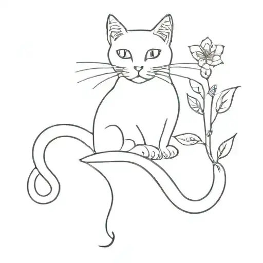 minimalist cat tattoo with tail that turns into a flower stem tattoo design idea