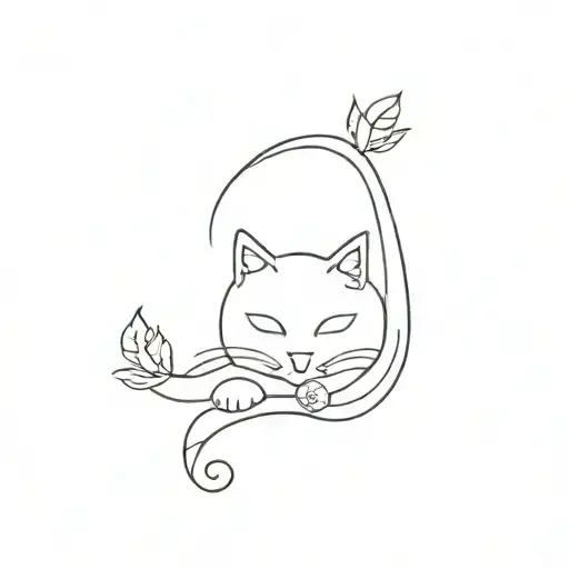 minimalist horizontal cat tattoo with long tail that turns into a single flower tattoo design idea