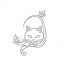 minimalist horizontal cat tattoo with long tail that turns into a single flower tattoo design idea