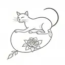 minimalist horizontal cat tattoo with long tail that turns into a single flower tattoo design idea