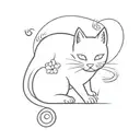 minimalist horizontal cat tattoo with long tail that turns into a single flower tattoo design idea