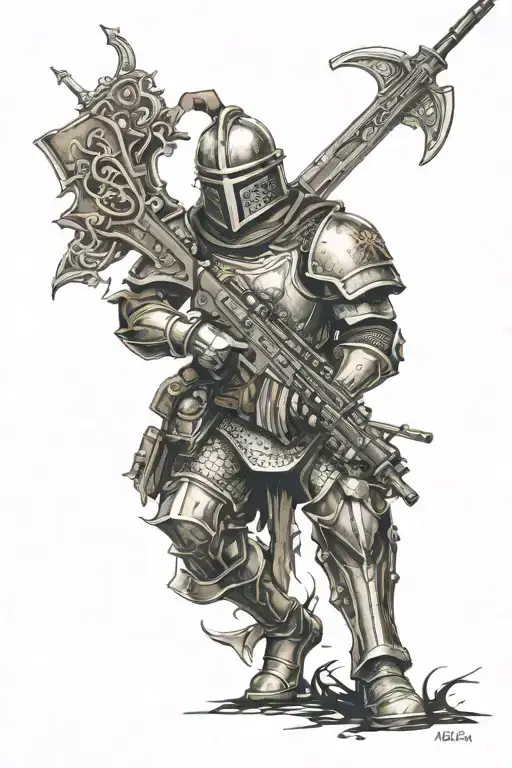 English knight with ar 15 rifle tattoo design idea