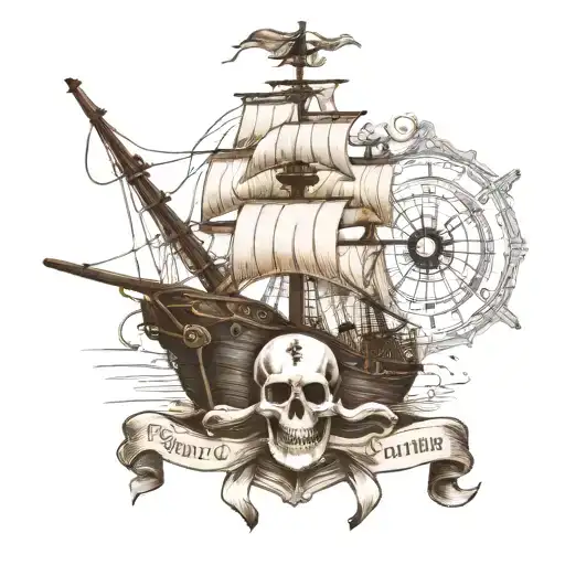 A pirate ship, with a compass, an old map and a skull with a hat and pirate patch tattoo design idea