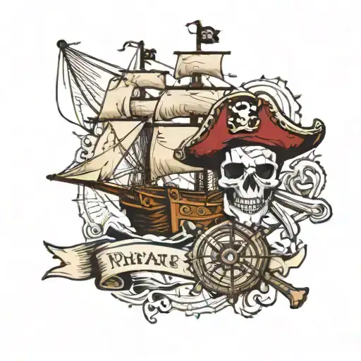 A pirate ship, with a compass, an old map and a skull with a hat and pirate patch tattoo design idea