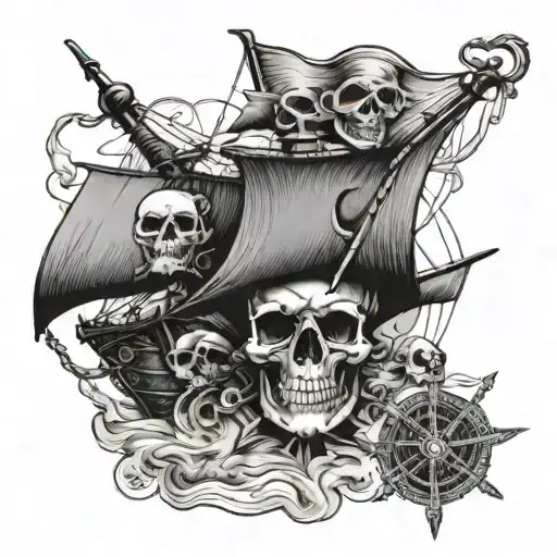 A pirate ship, with a compass, an old map and a skull with a hat and pirate patch tattoo design idea