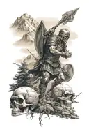 skulls, roman warrior, outdoors mountains trees, family silhouette, USA, soccer  tattoo design idea