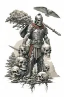 skulls, roman warrior, outdoors mountains trees, family silhouette, USA, soccer  tattoo design idea