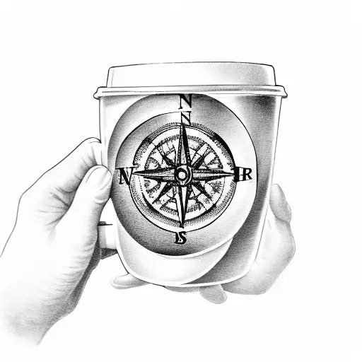 A pastor's hands holding a book with a coffee cup and a compass on top, representing the combination of faith, knowledge, and exploration tattoo design idea