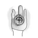 A pastor's hands holding a book with a coffee cup and a compass on top, representing the combination of faith, knowledge, and exploration tattoo design idea