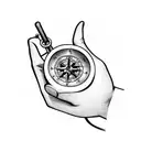 A pastor's hands holding a book with a coffee cup and a compass on top, representing the combination of faith, knowledge, and exploration tattoo design idea