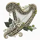 Silver fern attached to Irish harp surrounded tattoo design idea