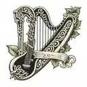 Silver fern attached to Irish harp surrounded tattoo design idea