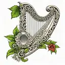Silver fern attached to Irish harp surrounded tattoo design idea