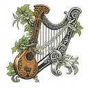Silver fern attached to Irish harp surrounded tattoo design idea