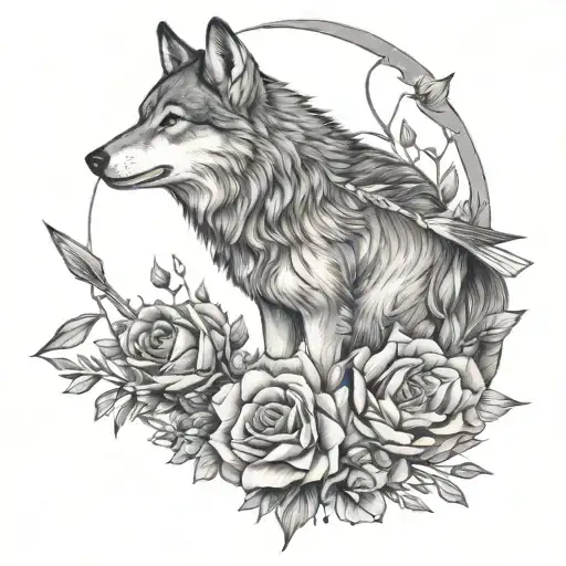 wolf with arrow in its back and flowers  tattoo design idea