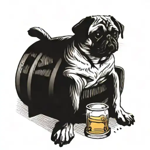 A pug lounging on a whiskey barrel surrounded by cigar smoke tattoo design idea