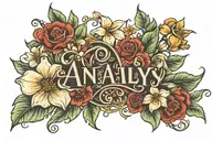 Name "Analy" with flowers around it luminous points tattoo design idea