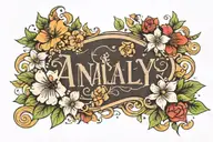 Name "Analy" with flowers around it luminous points tattoo design idea