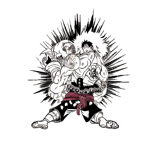 FAÇA UMA TATTOO DE KAIDO VS MOMONOSUKE, CIRCULANDO ONIGASHIMA. ACIMA, TEMOS A LUA CHEIA, E A SULHUETA DO LUFFY NO G5 tattoo design idea