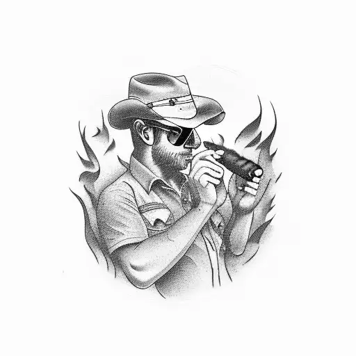 A farmer with a jaguar companion smoking cigars in a tobacco field tattoo design idea