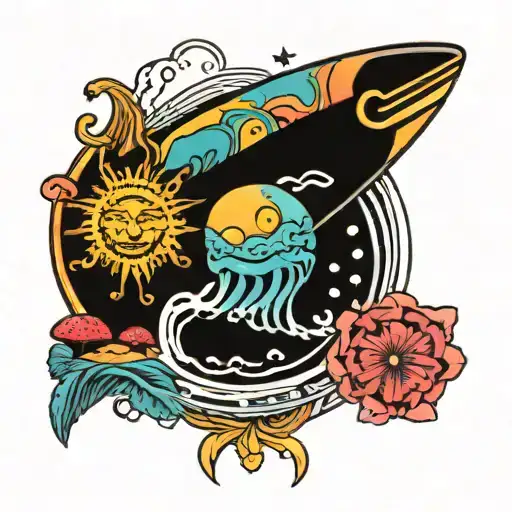 a psychedelic sun, with mushrooms, musical notes, waves and a surfboard inside  tattoo design idea