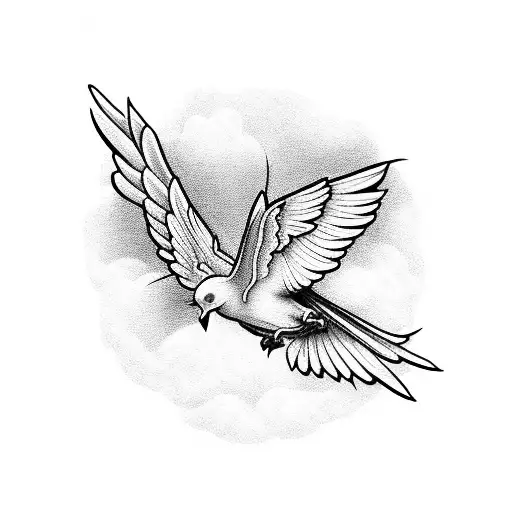 An ethereal tattoo of Tweety Bird soaring through a cloud-filled sky with white doves tattoo design idea