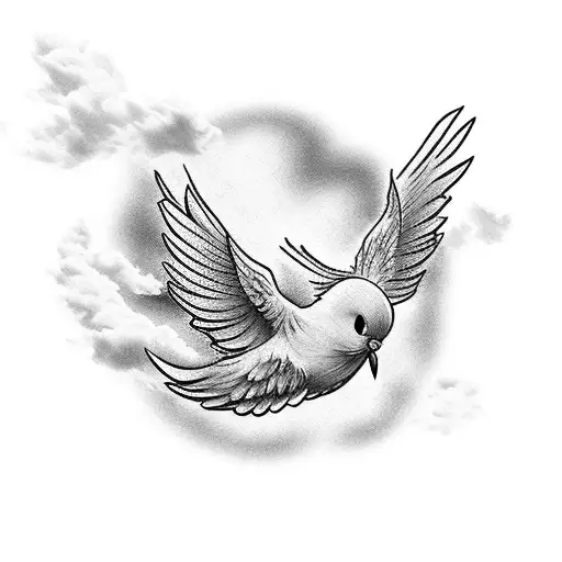 An ethereal tattoo of Tweety Bird soaring through a cloud-filled sky with white doves tattoo design idea
