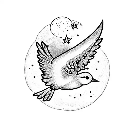A celestial scene featuring Tweety Bird flying among white doves in the moonlit sky tattoo design idea