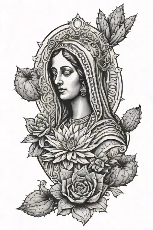 the virgin mary with cacti behind her tattoo design idea