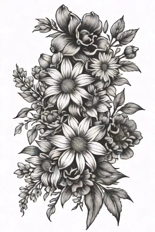 daisy and larkspur flower bouquet tied tattoo design idea