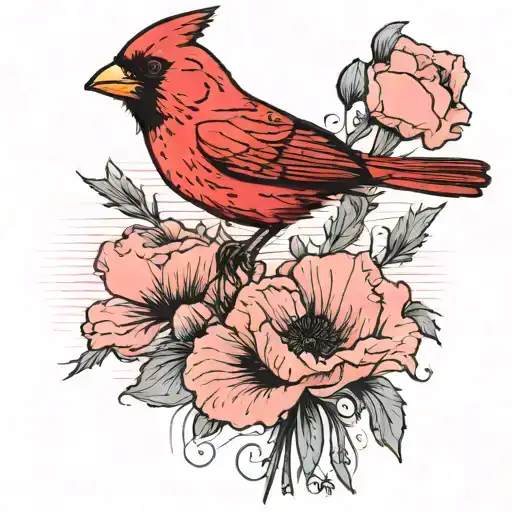 A cardinal perched on top of a poppy flower with a pink sky in the background tattoo design idea
