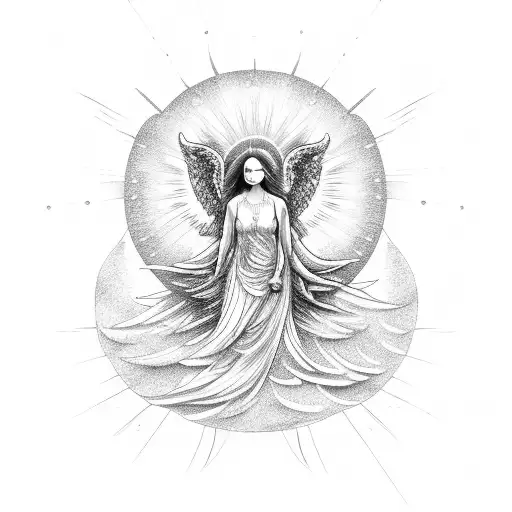 A celestial angel with wings made of crashing waves and a sun halo tattoo design idea