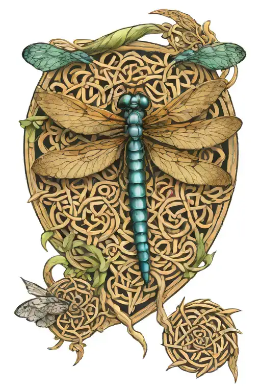 A dragonfly in the middle of a celtic knot with middle being a passageway to the afterlife  tattoo design idea